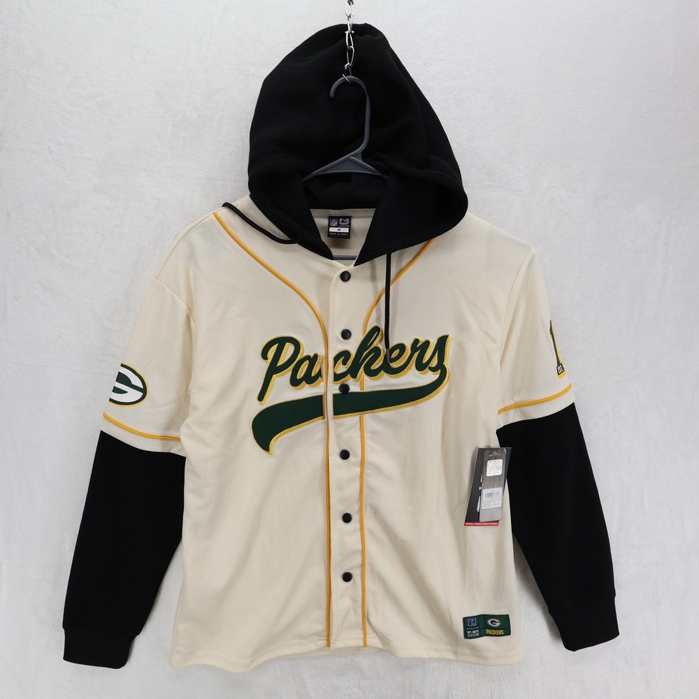 Green Bay Packers NFL Ultra Game Baseball Jersey Hoodie Cream Black Mens Medium